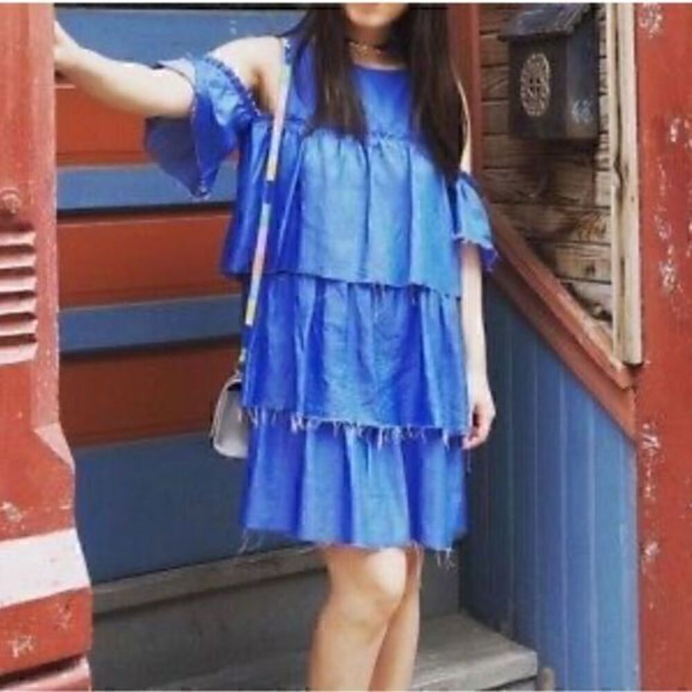 Zara Denim Tiered Cold Shoulder Mini Distressed Raw Hem Ruffle Dress